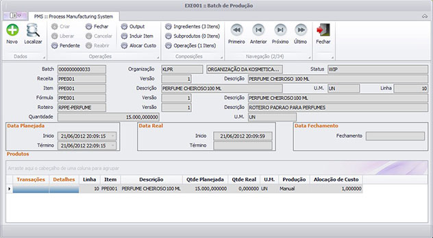 Tela de Batch de Produção do PMS